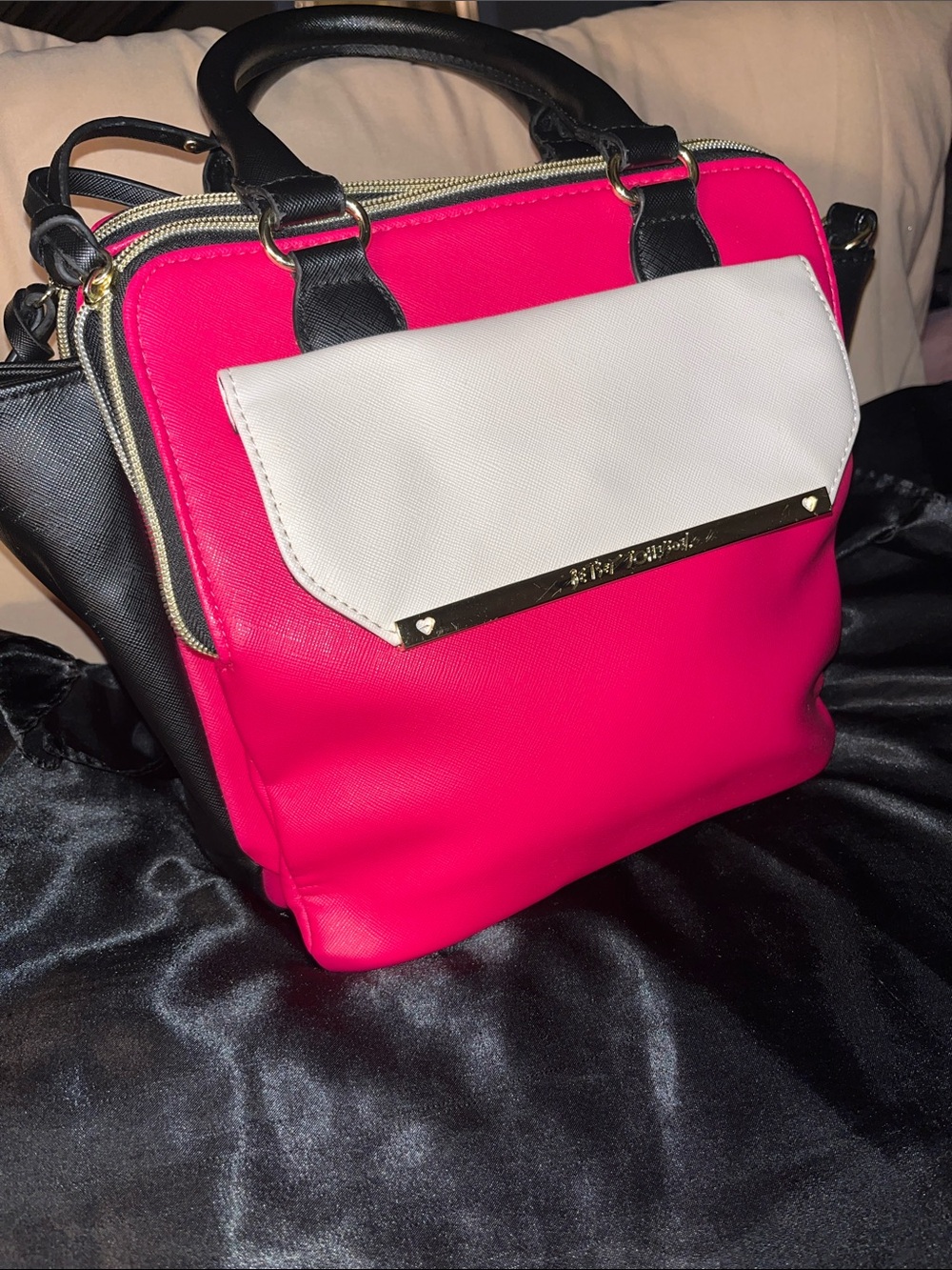 Betsey Johnson Hot Pink, White & Black Satchel with Gold Accents - Picture 2 of 6